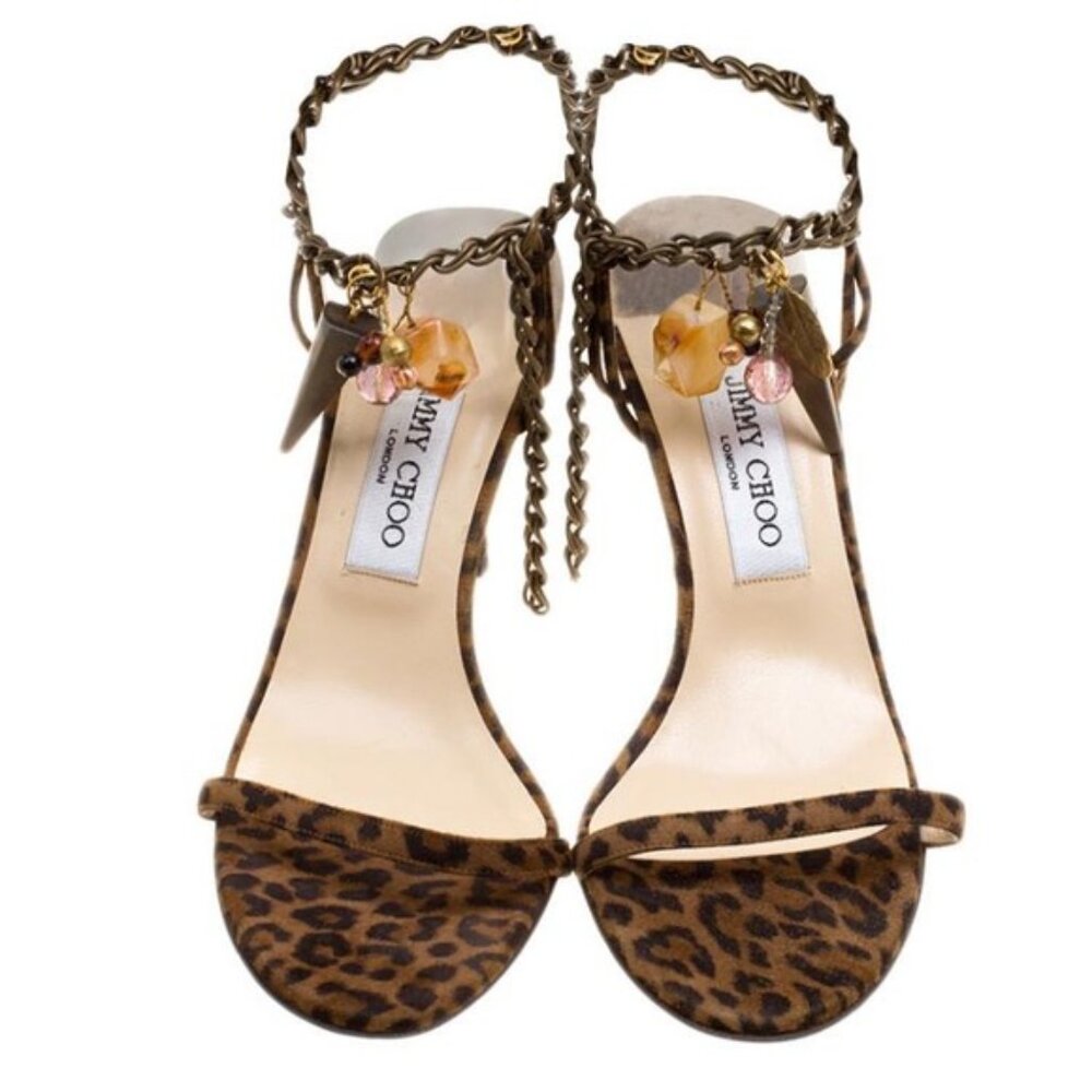 Vintage Jimmy Choo Brown Leopard "Edin" Charm Embellished Sandals Size 39.5 RARE